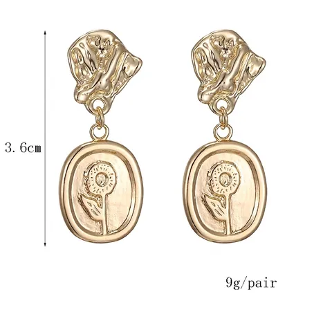 Vintage French Sunflower Relief Drop Earrings Copper Metal Embossed Flower Dangle Earrings For Women