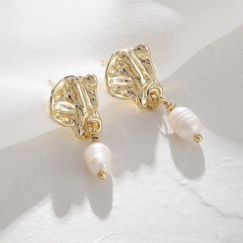 Vintage Palace Natural Freshwater Pearl Drop Earrings With 925 Sterling Silver Earring Post Gold Plated Hammered For Women