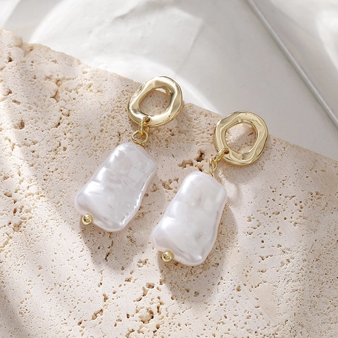 Baroque Faux Artificial Pearl Dangle Earrings Golden Copper Irregular 925 Sterling Silver Earring Post Elegant Retro Women Jewelry