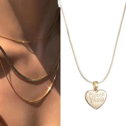 Collar Con Colgante De Corazón De Acero Inoxidable Cadena De Serpiente En Capas Letra Grabada Joyería Retro Vintage Para Mujer