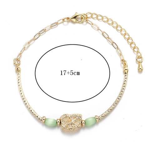 Semi-Bangle Bracelet Stainless Steel Copper Gold Plated Light Green Cat's Eye Stone Pleated Metal Adjustable Jewelry