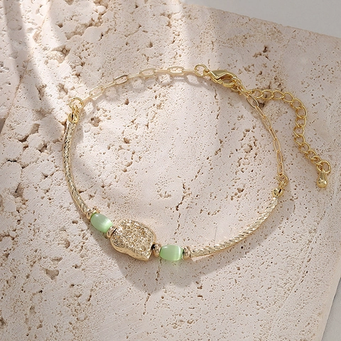 Semi-Bangle Bracelet Stainless Steel Copper Gold Plated Light Green Cat's Eye Stone Pleated Metal Adjustable Jewelry