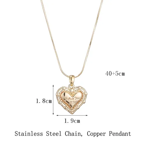 Heart Pendant Necklace Gold Plated Stainless Steel I Love You Engraved Double Layer Hollow Square Snake Chain For Women
