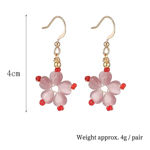 Pink Cat's Eye Stone Cherry Blossom Dangle Earrings Gold Plated Sweet Flower Drop Ear Jewelry For Women