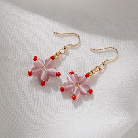 Pink Cat's Eye Stone Cherry Blossom Dangle Earrings Gold Plated Sweet Flower Drop Ear Jewelry For Women
