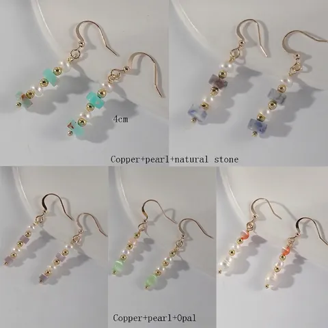 Orecchini Pendenti Stile Retrò Francese Rame Placcato Oro 14 Carati Con Pietra Naturale E Perla D'acqua Dolce Per Donna