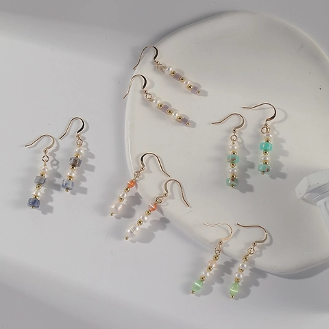 Orecchini Pendenti Stile Retrò Francese Rame Placcato Oro 14 Carati Con Pietra Naturale E Perla D'acqua Dolce Per Donna