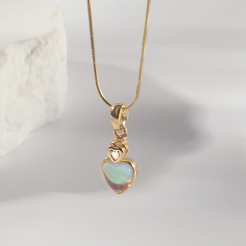 Herz Anhänger Halskette Gold Plattiert Edelstahl Schlangenkette Irisierende Katzenauge Doppelherz Minimalistischer Süßer Schmuck Für Damen