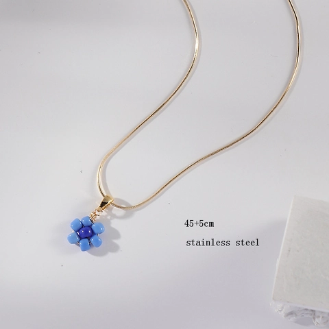 Blue Beaded Flower Pendant Necklace Stainless Steel Gold Snake Chain Minimalist Fresh Sweet Style For Women