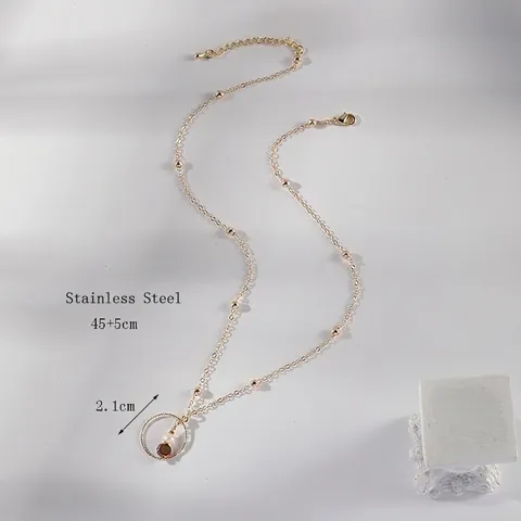 Minimalist Pendant Necklace Stainless Steel 14K Gold Plated Freshwater Pearl Geometric Circle Satellite Chain Women