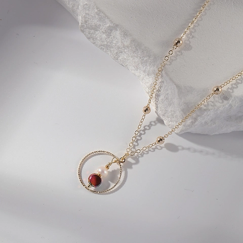 Minimalist Pendant Necklace Stainless Steel 14K Gold Plated Freshwater Pearl Geometric Circle Satellite Chain Women