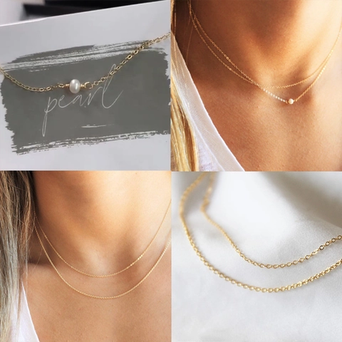 Freshwater Pearl Necklace 14K Gold Plated Stainless Steel Double Layer Elegant Stacked Clavicle Chain Jewelry Women