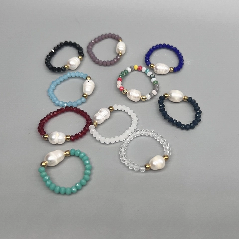 Beaded Ring With Freshwater Pearl Faceted Colorful Glass Beads Elastic Stretch Band Minimalist Jewelry For Women