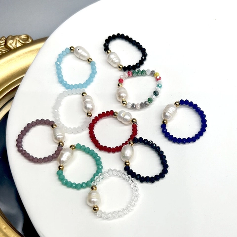 Beaded Ring With Freshwater Pearl Faceted Colorful Glass Beads Elastic Stretch Band Minimalist Jewelry For Women