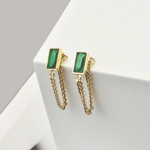 Women Vintage Green Zircon Rectangular Dangle Earrings 18K Gold Plated Titanium Steel Geometric Cuban Chain Jewelry