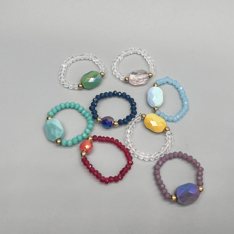 Beaded Ring Faceted Glass Gemstone Stainless Steel Beads Elastic Stretch Fashion Jewelry Women Girls Bohemian Style