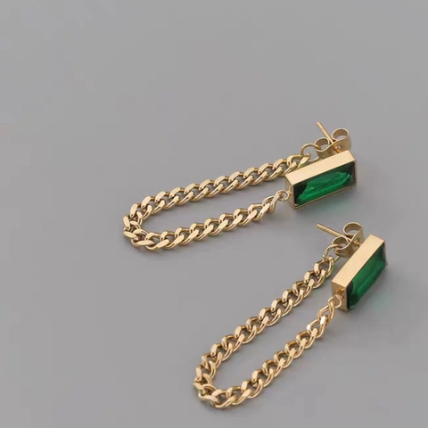 Women Vintage Green Zircon Rectangular Dangle Earrings 18K Gold Plated Titanium Steel Geometric Cuban Chain Jewelry