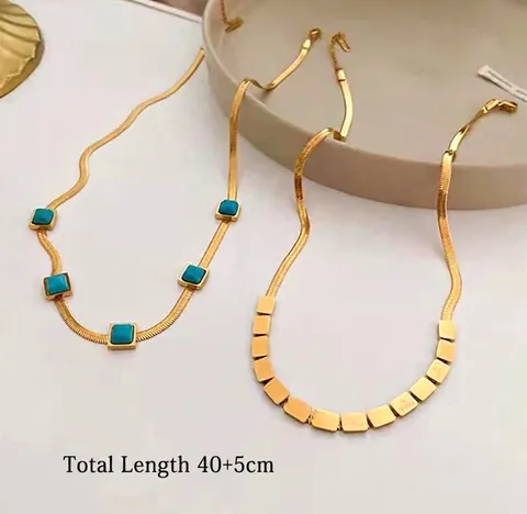 French Vintage Herringbone Chain Necklace Stainless Steel Gold Plated Square Blue Turquoise Choker For Women Elegant