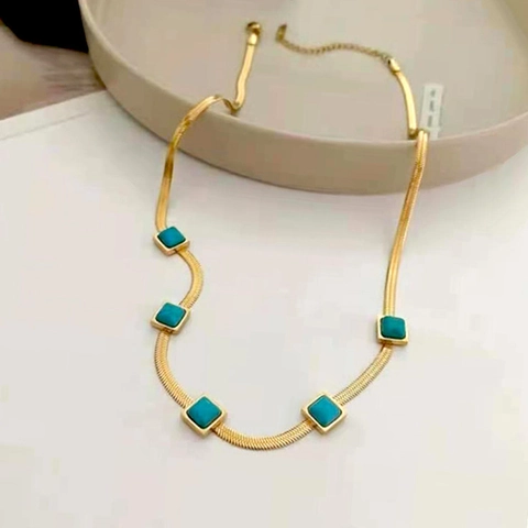 French Vintage Herringbone Chain Necklace Stainless Steel Gold Plated Square Blue Turquoise Choker For Women Elegant