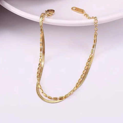 Bracciale Doppio Strato Catena A Serpente E Perline Oro 18K Placcato Acciaio Al Titanio Per Donna Gioielli Di Moda