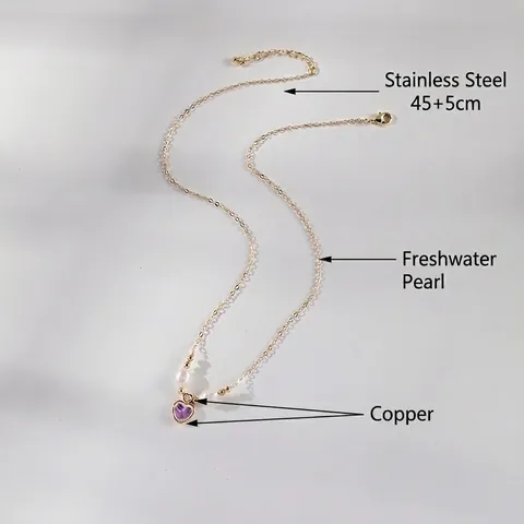 Heart Pendant Necklace Stainless Steel Chain Copper Frame Freshwater Pearl Purple Cat Eye Stone Zirconia For Women Sweet