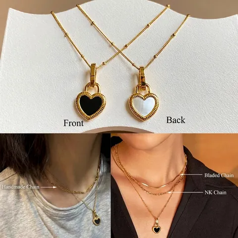 Collier Pendentif Coeur Double Face Noir Blanc Acier Inoxydable Superposé Chaîne Serpent Pour Femmes Élégant
