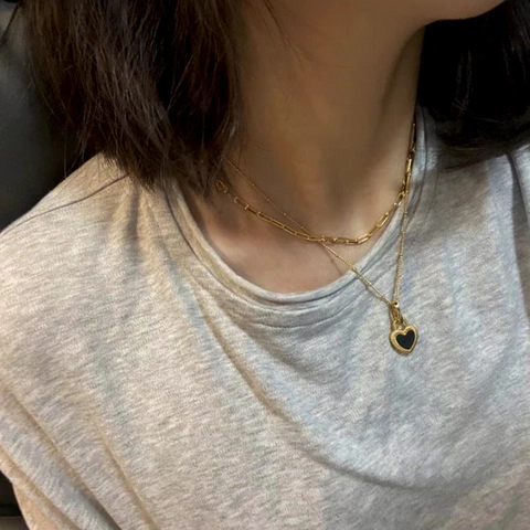 Collier Pendentif Coeur Double Face Noir Blanc Acier Inoxydable Superposé Chaîne Serpent Pour Femmes Élégant