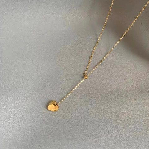 Adjustable Pendant Necklace 18K Gold Plated Stainless Steel Pull-out Y-Shape Heart Or Round Bead Tassel For Women Jewelry