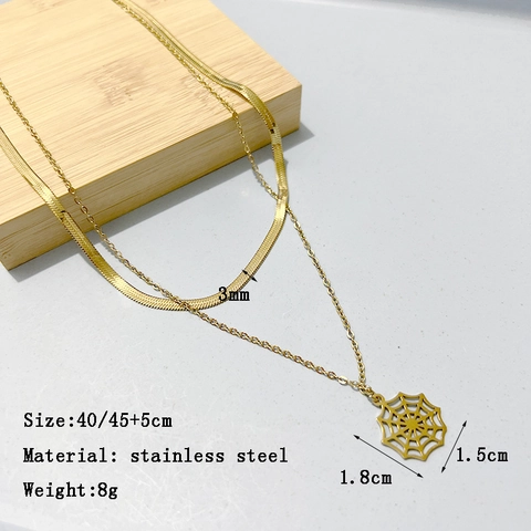 Collana A Doppio Strato Vintage In Acciaio Inossidabile Placcato Oro Catena A Serpente Spina Di Pesce Ciondolo Ragnatela Donna