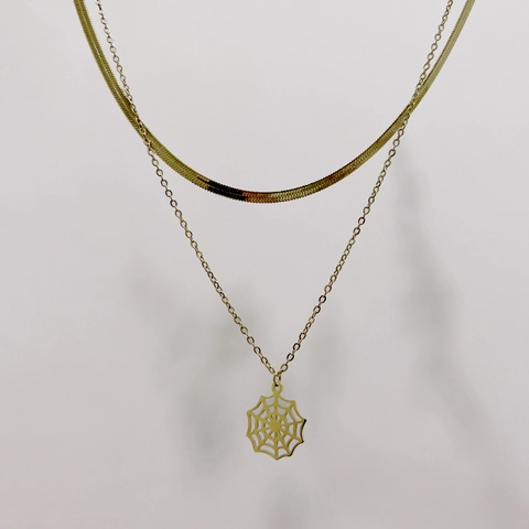 Collana A Doppio Strato Vintage In Acciaio Inossidabile Placcato Oro Catena A Serpente Spina Di Pesce Ciondolo Ragnatela Donna