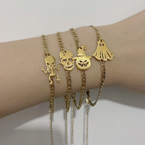 Halloween Anhänger Armband Edelstahl Figaro Kette Kürbis Totenkopf Geist Skelett Schmuck Vergoldet Modisch Unisex