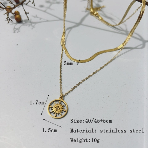 Dubbellaagse Ketting Roestvrij Staal Kompas Zonnestraal Ronde Hanger Slangenketting Chic Minimalistisch Gelaagd Voor Dames