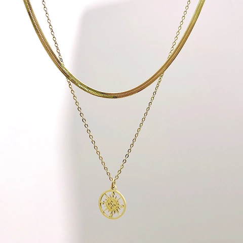 Dubbellaagse Ketting Roestvrij Staal Kompas Zonnestraal Ronde Hanger Slangenketting Chic Minimalistisch Gelaagd Voor Dames