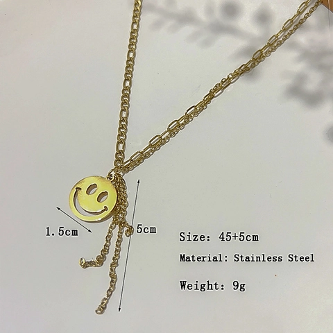 Collier En Acier Inoxydable Plaqué Or 18K Pour Femme Pendentif Visage Souriant Tassels Chaîne De Clavicule