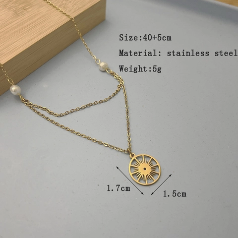 Collier Double Rang Pendentif Soleil Acier Inoxydable Avec Künstliche Perle Bijoux Bohèmes Plaqué Or Pour Femme