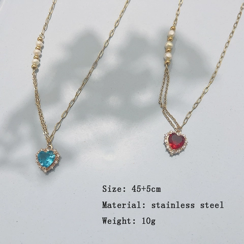 Collar Con Colgante De Corazón De Acero Inoxidable Con Circonitas Y Perlas Artificiales De Imitación Cadena Asimétrica Para Mujer