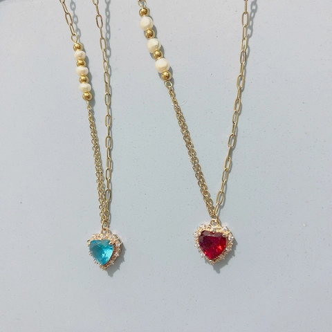 Collar Con Colgante De Corazón De Acero Inoxidable Con Circonitas Y Perlas Artificiales De Imitación Cadena Asimétrica Para Mujer