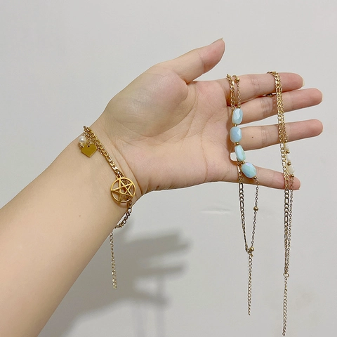 Stainless Steel Bracelet Gold Plated Multilayer Star Shell Flower Beads Faux Artificial Pearl Fashion Jewelry For Women