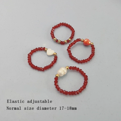 Handgefertigte Rote Glasperlenringe Mit Herzanhänger Und Kunstperle Elastische Dehnbare Stapelbare Fingerschmuck Damen