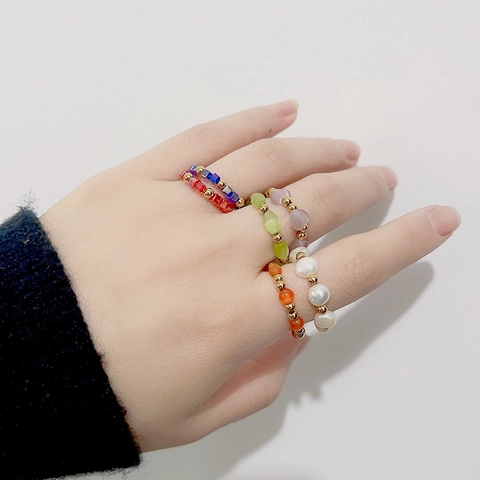 Stainless Steel Beaded Ring Crystal Cat Eye Stone Artificial Pearl Elastic Stretch Adjustable Retro Bohemian Jewelry For Women