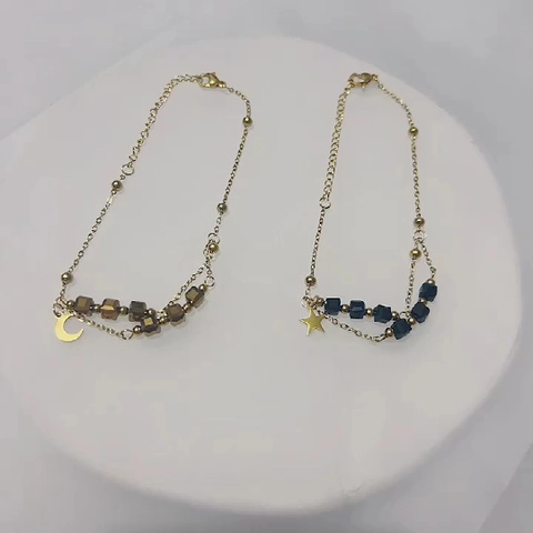 Stainless Steel Bracelet For Women With Star Moon Pendant And Faceted Beads Double Layer Delicate Minimalist Gold Plated