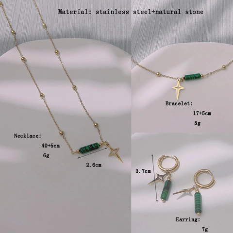 Bijoux Collier Bracelet Et Boucles Oreilles En Acier Inoxydable Pour Femmes Avec Pendentif Étoile Perles Malachite Vertes