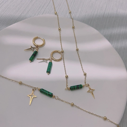Bijoux Collier Bracelet Et Boucles Oreilles En Acier Inoxydable Pour Femmes Avec Pendentif Étoile Perles Malachite Vertes