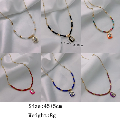 Stainless Steel Necklace With Copper Rectangle Zircon Pendant Colorful Beads Vintage Enamel Geometric Jewelry For Women