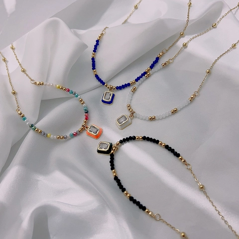 Stainless Steel Necklace With Copper Rectangle Zircon Pendant Colorful Beads Vintage Enamel Geometric Jewelry For Women