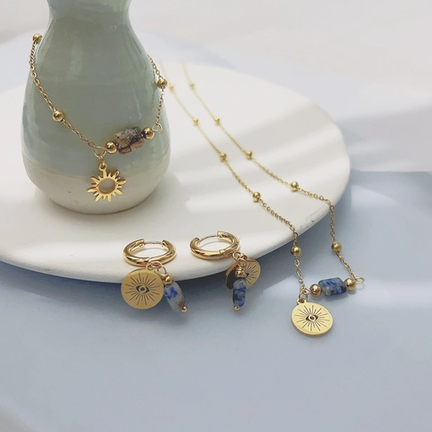 Colección Joyas Acero Inoxidable Chapado Oro 18K Ojo Turco Sol Piedra Natural Collar Pulsera Pendientes Mujer Joyería