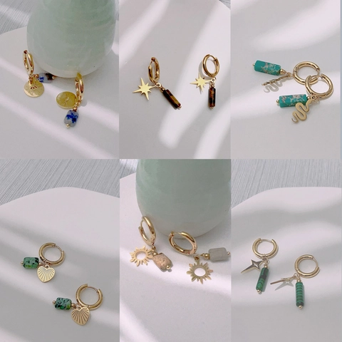 Bohemian Creolen Met Hangers Van Natuursteen Verguld Roestvrij Staal Ster Zon Slang Boze Oog Sieraden Voor Vrouwen