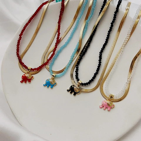 Layered Necklace Elephant Pendant Stainless Steel Gold Snake Chain Colored Beaded Enamel Rhinestone Lucky Jewelry Women