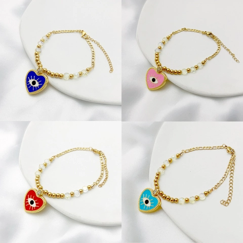 Evil Eye Herz Armband Edelstahl Und Kupfer Vergoldet Emaille Anhänger Gemischte Kette Böhmischer Modeschmuck Für Frauen