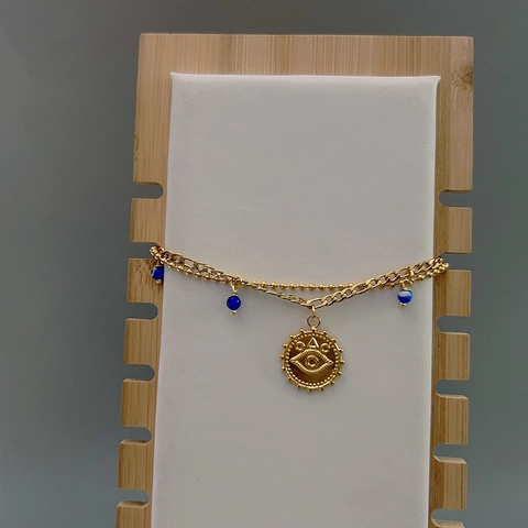 Dubbellaagse Armband Boze Oog Roestvrij Staal 18K Verguld Blauwe Kralen Munt Hanger Modieuze Etnische Sieraden Dames